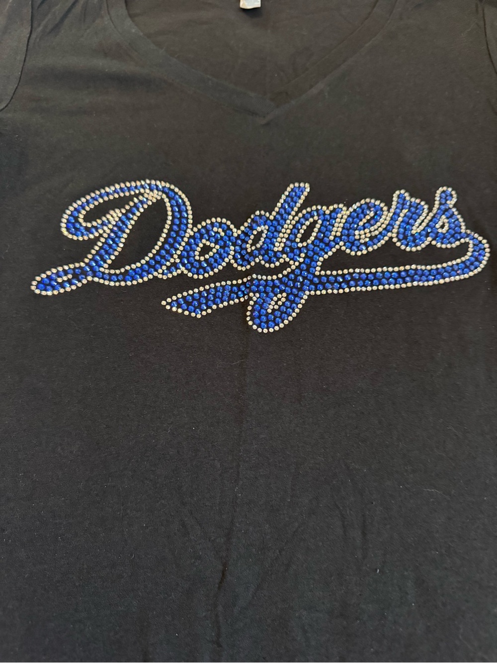 Los Angeles Dodgers Bling Rhinestone Logo V-Neck Tee - Black